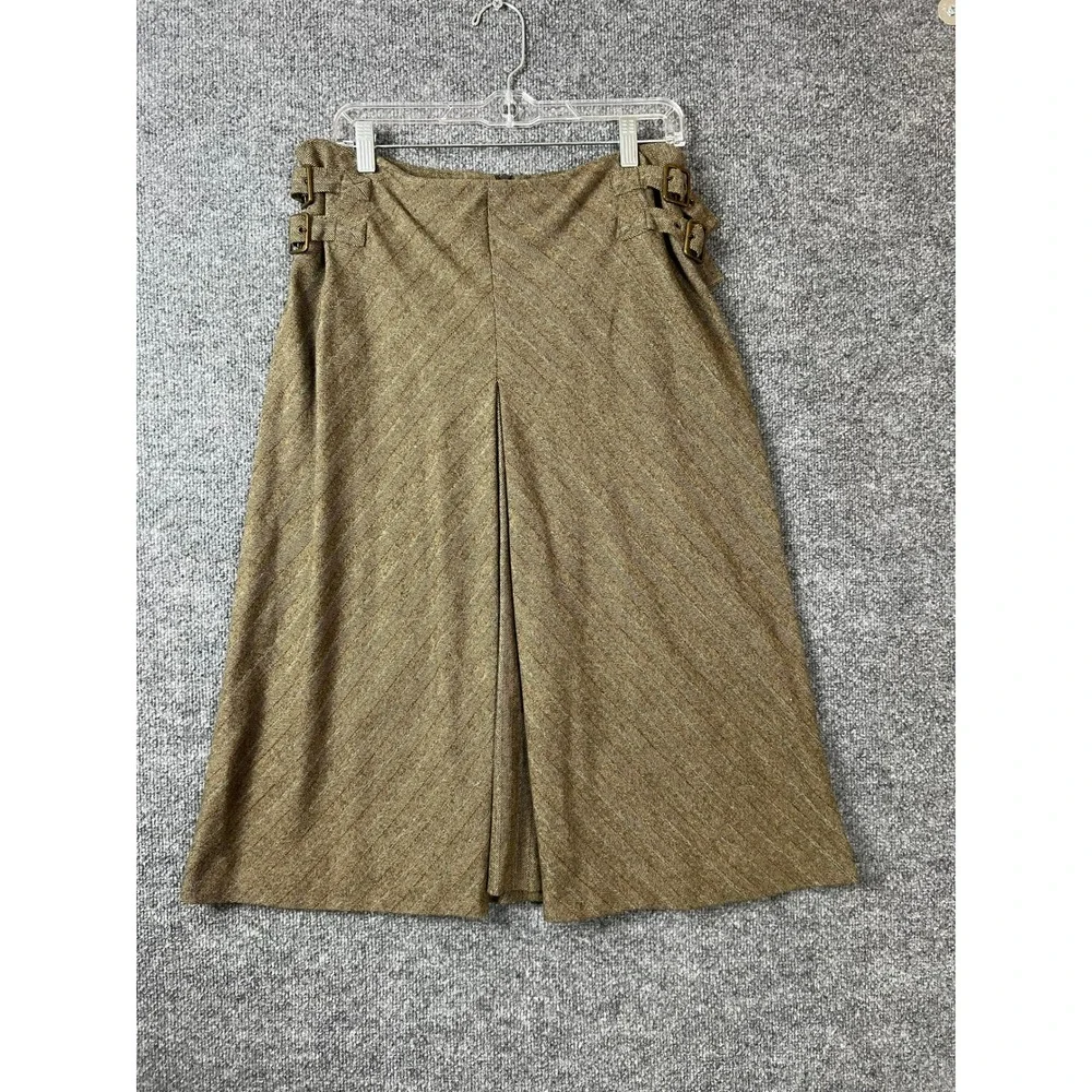 Les Copains Women Skirt L Green Herringbone Wool Blend A-Line Side Buckle Twee - Picture 1 of 8